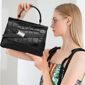 Дамски чанта през рамо с крокодиловым модел от естествена кожа, ретро преносима чанта през рамо от телешка кожа, елегантна и лесна 2023