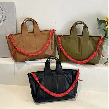 2023 г., ежедневни чанти-тоут от изкуствена кожа голям капацитет, дизайнерска чанта чист цвят, ретро стил, японски модни чанти, дамски чанти-тоут с веревочной дръжка