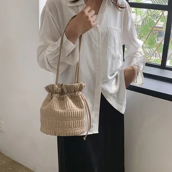 Маркови дизайнерски дамски нагънат чанти от изкуствена кожа цвят Каки, сребристи Малки чанти-кофи, чанта през рамо, тенденция 2023, корейски чанта през рамо, Чанти