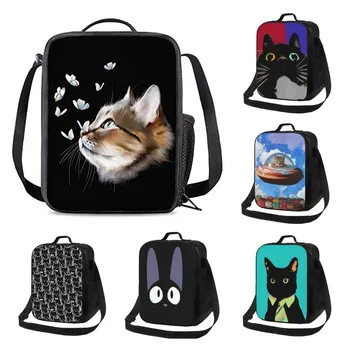 Случайна чанта за обяд от сладък котка за училище, работа, офис, пикник, голяма пазарска чанта с пеперуда, обяд-бокс, контейнери за любителите на котки, детска чанта за еднократна употреба