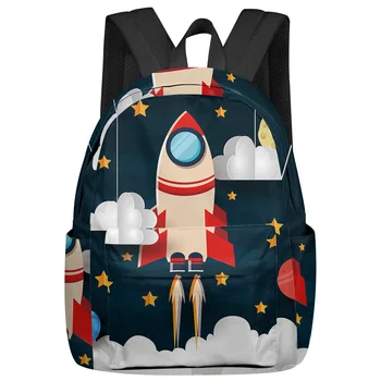 Космически карикатура Сладък космически кораб Ракетни раници На поръчка Студентски ученически чанти Раница за лаптоп Мъже Жени Жени Пътуване Mochila