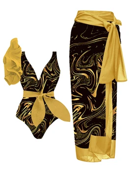 Ретро модерен златен разпечатки с ромолящи, V-образно деколте, асиметричен дизайн, монтиране завързана плиссированный универсален бански костюм и наметало 2023 за жени
