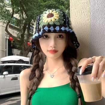 Японски шапки ръчна изработка с цветя модел дамски корейската версия, уличен кухи вязаный пуловер, шапка с малко лице, ретро шапка за басейна