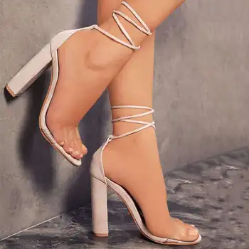 2023 г., нови летни дамски модни пикантни прозрачни сандали на висок ток с квадратни пръсти, модни обувки с кръстосани шнур, по-големи размери 36-42