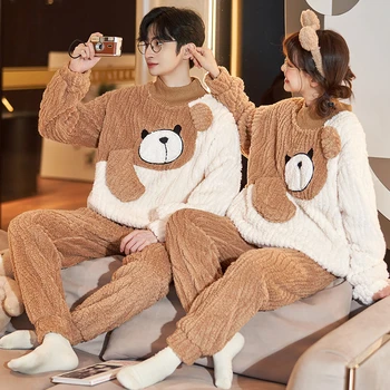 Зимните пижамные комплекти за жени и мъже, корейски дрехи за почивка, дрехи за почивка с анимационни мечка, пижамный костюм, утепленная домашно облекло