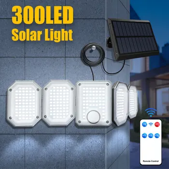 Прожектори със слънчев сензор за движение, улични Foco 300LEDs, 5 глави, широка осветяване, Водоустойчив Слънчева градинска лампа за сигурност