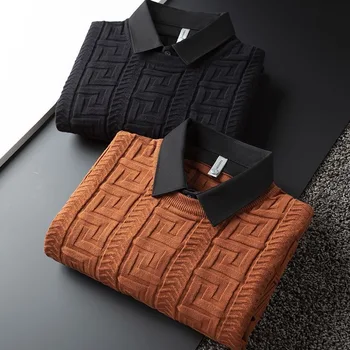 Луксозен дизайнерски пуловер с яка от две части в жаккардовую ивица с изкуствен яка, мъжката есенно-зимния дебел модерен топъл пуловер