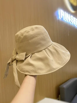 Черна гумена шапка-козирка с лък за жени през пролетта и лятото, сгъваема рибарска шапка за предпазване от слънцето