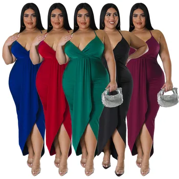2023, секси рокля-спагети за почивка на плажа, по-големи Размери 4XL, V-образно деколте, без ръкави, нередовна разтеглив вечерни рокли