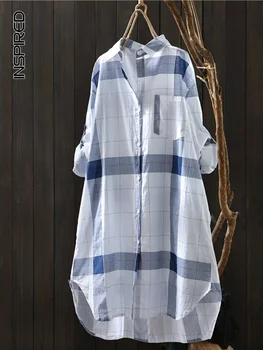 Дамско модно рокля-риза в клетката 2023, есенни свободни ризи midi в корейски стил и блузи, дамски ежедневни рокли-ризи с дълъг ръкав