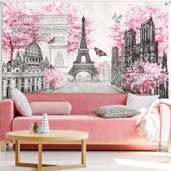 Парижки гобеленовый фон Парижское стенно изкуство Айфеловата кула Снимка Банер на фона на Европейския силуета на Розово стенен декор