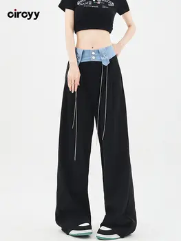 Дънкови панталони с висока талия, в стил мозайка, дантела, по цялата дължина, широки, свободни панталони, обзавеждане, градинска облекло Y2k Пролет 2023