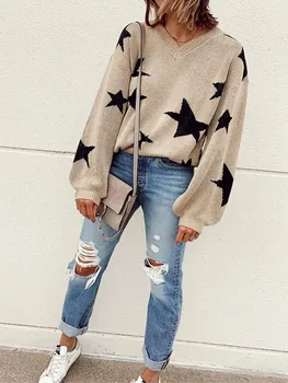 Harajuku, всекидневни свободен жена пуловер с V-образно деколте и принтом звезди, 2022, зимен пуловер с дълги ръкави, топли разпродажба, удобен пуловер, есенна топ Femme