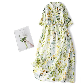 Limiguyue винтажное рокля с флорални принтом в литературния стил на дамско памучно семе и лененото лятна рокля с къс ръкав и висока талия на съвсем малък, дълги рокли U611