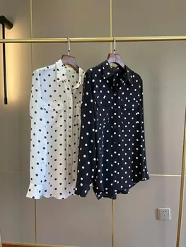 Дамски висококачествена коприна блуза с ревера и принтом в грах, най-риза с джоб