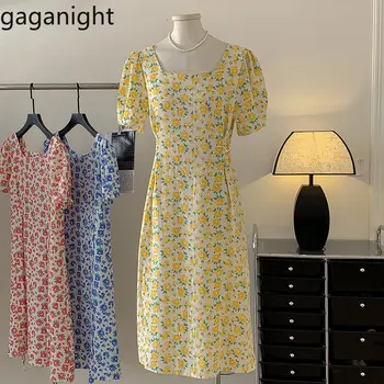 Gaganight/ дамско модно рокля с квадратни деколтета и цветисти принтом, новост пролетта 2023, женски тънки прости рокли със средна дължина с къс ръкав
