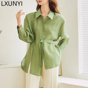 LXUNYI Дизайнерска блуза Дамски 2023 пролетна мода, Тенсел, отложной яка, модни однотонная риза с дълъг ръкав и колан, дамски официалната
