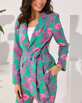 2022 Нов луксозен дизайнерски ретро всекидневен костюм за млади офис на дама, в комплект с дълъг ръкав + Панталон-молив, женски комплект от 2 теми