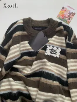 Xgoth Мек пуловер в опрятном стил за момичета, сако, дамски дизайнерски гръндж, ретро вязаный пуловер на райета, американският топ с ревера