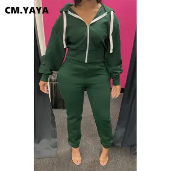 Жена комплект от плътен топъл отвътре CM.YAYA 2023, яке с качулка и Панталони за джогинг, спортен костюм за активна почивка, комплект от две части, дрехи за фитнес