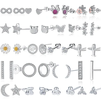 ELESHE, цвете сърце, Звезда, Луна, геометрични обеци-карамфил с фианитами, сребро 925 проба, Малки обеци за жени, сватбени минималистичные украса