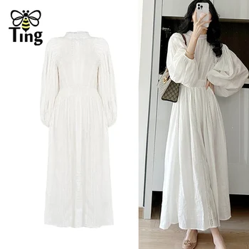 Tingfly, дамски модни Нови постъпления, бял Цвят, Винтажное стилно бельо рокля midi трапецовидна форма в стил мозайка, дамски ежедневни градинска облекло