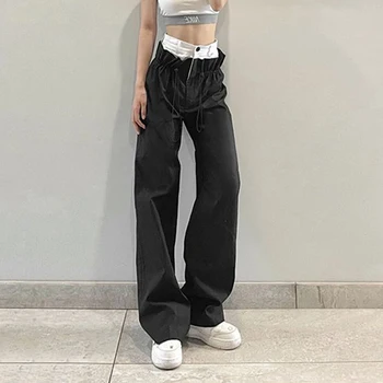 MEXZT Градинска дрехи, широки панталони в стил мозайка, женски прави панталони с висока талия, хип-хоп ежедневни панталони-карго на съвсем малък, спортни панталони