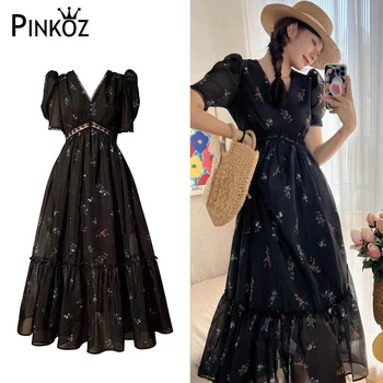 Pinkoz, винтажное черно дантелено рокля в стил мозайка с флорални принтом, отворено дамско дизайнерско рокля трапецовидна форма, френското женствена рокля midi, ...