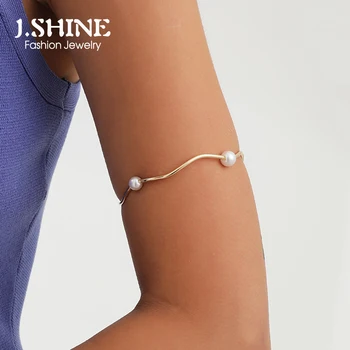 J. Shine Минималистичная мода, златист цвят-метална както и вълнообразна линия, горната част на лентата, имитация на перли, Открит гривна на ръката, женски Аксесоари