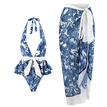 Женски бански костюм на бретелях с принтом 2023, едно парче бански-монокини с плажна пола, бански костюм, за Къпещите се, плажни дрехи, боди за гмуркане