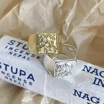SHANICE Women Men ' s 18K Gold аутентичное сребро S925 проба ИЗИСКАНИ бижута Тежка промишленост стопено квадратно пръстен от лава регулируема