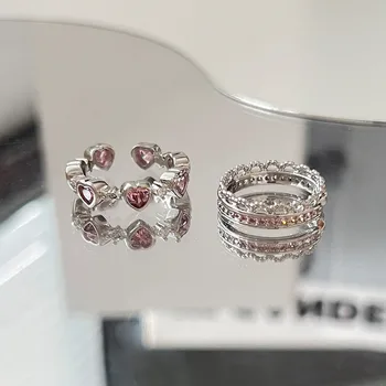 Ново модно скъп пръстен с розов кристал във формата на сърце за жени, чаровна, crown, циркон, Течен открывающееся Регулируем пръстен, Бижута, Аксесоари Y2k Подарък