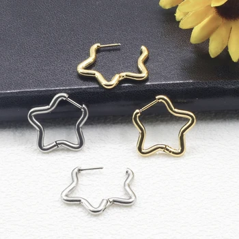 1 Чифт стилни обеци във формата на петолъчна звезда от неръждаема стомана, лесен пиърсинг под формата на пентаграма, изискани дамски бижута