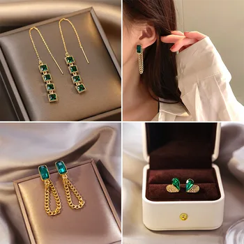 Модни Изискани обеци с зелени кристали за жени, темперамент, златист цвят, обеци-сърца с пискюли, вечерни украса
