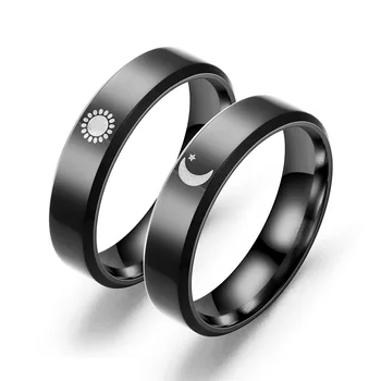 Модерен пръстен за двойки Слънце, Луна и Звезда, Черни Годежни Пръстени от Неръждаема Стомана, Подаръци за приятели и Приятелки