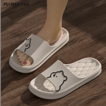 2023 Летни дамски мъжки чехли за баня на дебелото платформа, нескользящие домашни чехли с анимационни мечка, плажни сандали, дамски обувки