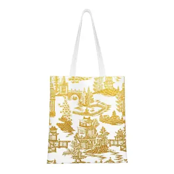 Златната Пагода, китайски хранителни чанта, чанти за пазаруване, женски реколта чанти с шарките на източна Върба, холщовая чанта за пазаруване, чанта