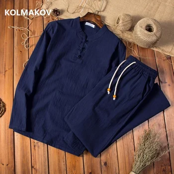 (Риза + панталон Есенна мъжка риза 2024 г., мъжки памучни и ленени ризи на висококачествени, ежедневни модни размери M-5XL