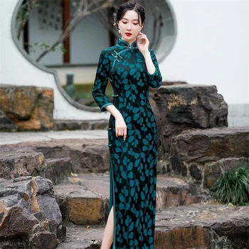 Жена Източното синьо атласное ципао в китайския традиционен стил харадзюку, Ретро тънък халат Чонсам с висока цепка, Vestido
